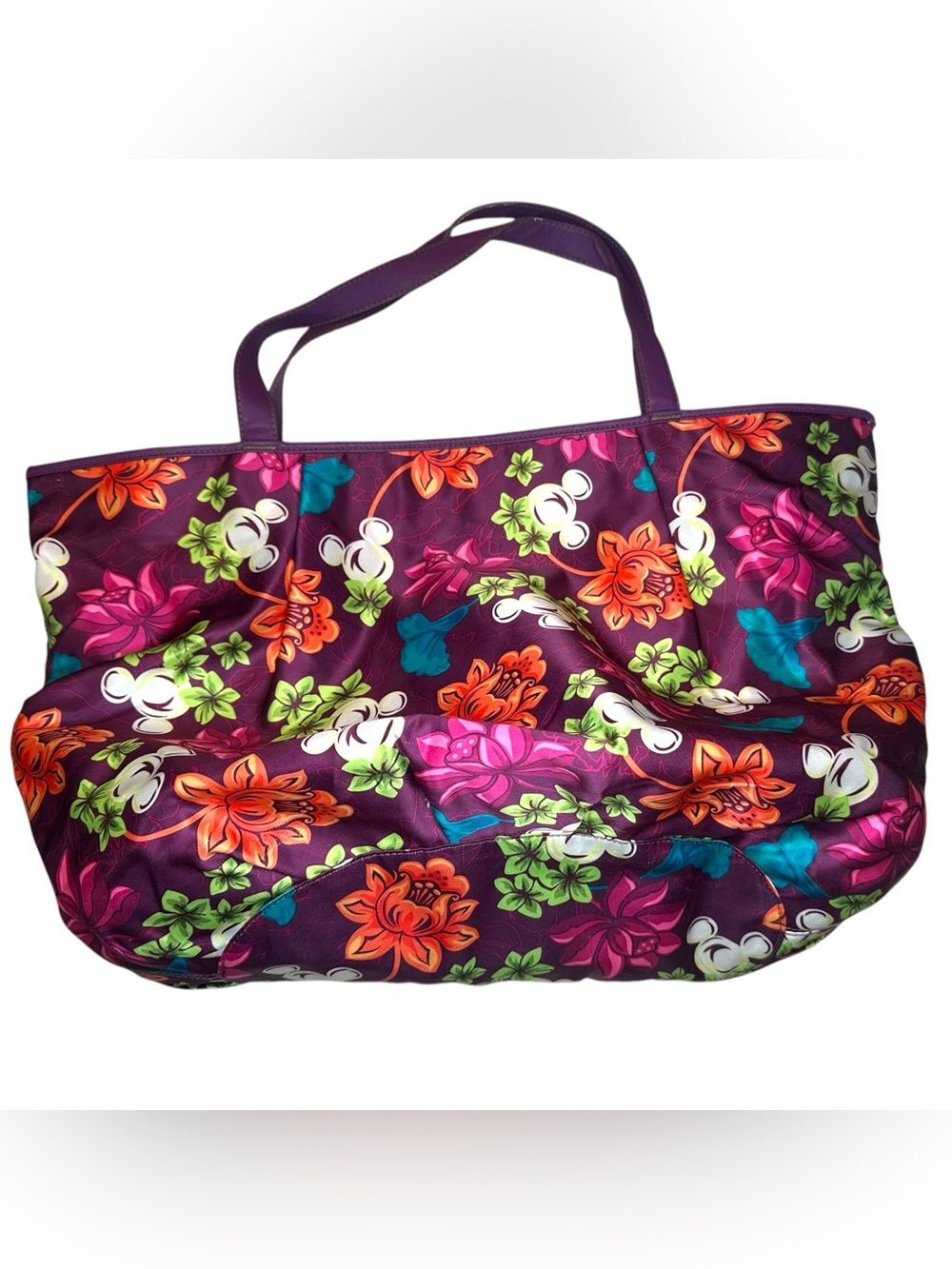 Disney Parks Hidden Mickey Lotus Floral Purple Large 18” Satin Tote Bag